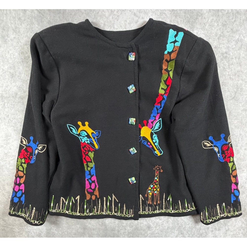 Daniel K Vintage Womens Jacket Black Giraffe Embroidered Art To Wear Button